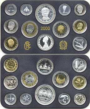 ИТАЛИЯ ГОДОВОЙ НАБОР ИЗ 12 МОНЕТ 2000 400 ЛЕТ СМЕРТИ ДЖОРДАНО БРУНО, В ОРИГИНАЛЬНОЙ КОРОБКЕ, С СЕРТИФИКАТОМ PROOF 7-1-1