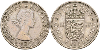 Великобритания 1 шиллинг 1957 Елизавета II (1952-2022), Английский герб KM 904, Spink 4147 медно-никель 4116-836