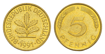 Германия 5 пфеннигов 1991 A KM 107, J. 382 сталь плакированная латунью UNC 4630-1253