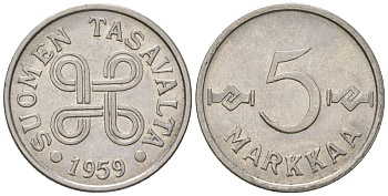 Финляндия 5 марок 1959 KM 37a железо плакированная никелем UNC 4169-316