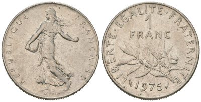 Франция 1 франк 1975 KM 925.1, Le Franc 226.20 никель 4582-114