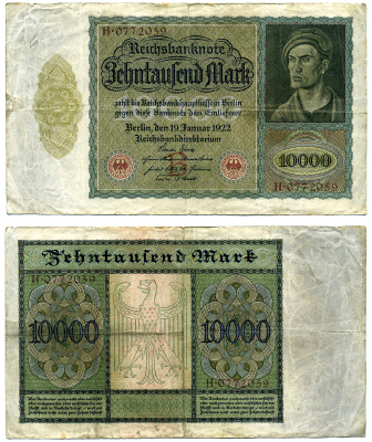 Германия 10000 марок 1922 Альбрехт Дюрер, БУКВА B, СЕРИЯ H, ФОРМАТ 210Х124 ММ. Pick 70, Роземберг 68а бумага 7457-36-2-2