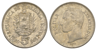 Венесуэла 5 боливаров 1989 Симон Боливар, толстый шрифт Y 53a.2 сталь плакированная никелем 4583-921