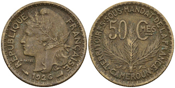 Камерун 50 сантимов 1926 (a), мондвор Париж KM 1 алюминиевая бронза 4169-1154
