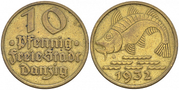 Данциг 10 пфеннигов 1932 рыба J. D 13, KM 152 алюминиевая бронза   68-547