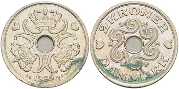 ДАНИЯ 2 КРОНЫ 1999 LG; JP; A, МАРГРЕТЕ II (1972-) KM 874.1 медно-никель 67-653