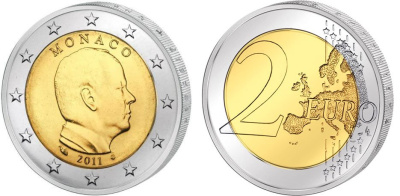 Монако 2 евро 2011 Князь Альберт II KM 195 биметалл UNC M25-04