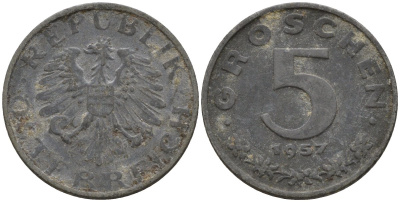 Австрия 5 грошей 1957 KM 2875 цинк 4596-131