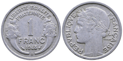 ФРАНЦИЯ 1 ФРАНК 1948 B, ТИП MORLON KM 885а.2, LE FRANC 221.14 алюминий 51-3517