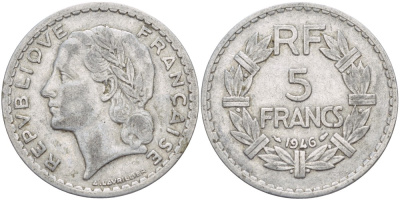 ФРАНЦИЯ 5 ФРАНКОВ 1946 KM 888b.1 алюминий 4531-835