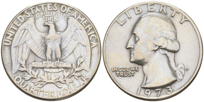 США 25 центов (квотер) 1973 D, Вашингтон KM 164a медь плакированная медно-никелем 190-315