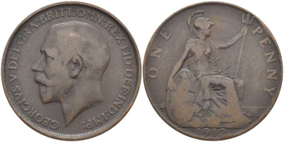 Великобритания 1 пенни 1912 Георг V (1910-1936) KM 810, Spink 4051 бронза 3460-726