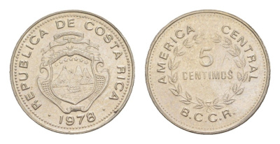 Коста-Рика 5 сентимо 1978 KM 184.2 медно-никель UNC 4644-325