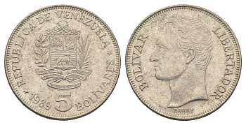 Венесуэла 5 боливаров 1989 Симон Боливар, толстый шрифт Y 53a.2 сталь плакированная никелем 4661-322