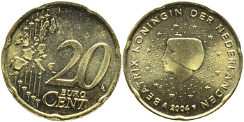 Нидерланды 20 евроцентов 2004 Беатрикс (1980-2013) KM 238 латунь UNC 08-1147