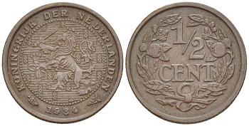 НИДЕРЛАНДЫ 1/2 ЦЕНТА 1934 ВИЛЬГЕЛЬМИНА I (1891-1948) KM 138 бронза 4547-1249