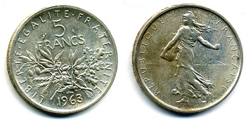 Франция 5 франков 1963 сеятель KM 926, LE FRANC 340.7 серебро 37-946