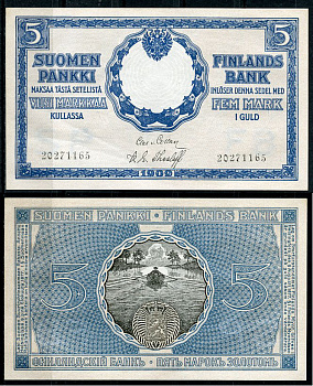 Россия для Финляндии 5 марок золотом 1909 водяной знак FB SP Pick 9 a, Кардаков 15.1.180  бумага  aUNC 00-00