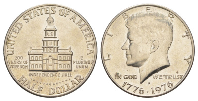 США 1/2 доллара (50 центов) 1976 D, 200 лет независимости, Джон Кеннеди KM 205 медь плакированная медно-никелем aUNC 4545-1134