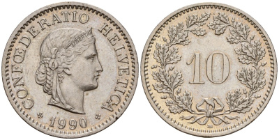 Швейцария 10 раппенов 1990 KM 27 медно-никель 4152-1069