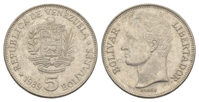 Венесуэла 5 боливаров 1989 Симон Боливар, толстый шрифт Y 53a.2 сталь плакированная никелем 4661-322