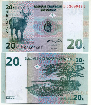 ДР Конго 20 сантимов 1997 антилопа, национальный парк Упемба Pick 83 a бумага UNC (пресс) 448-65-1