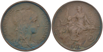 ФРАНЦИЯ 5 САНТИМОВ 1911 ТИП ДАНИЭЛЬ ДЮПЮИ KM 842, LE FRANC 119.23 бронза 28-557