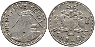 Барбадос 25 центов 1973 ветряная мельница Моргана Льюиса KM 13 медно-никель 4398-313