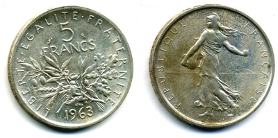 Франция 5 франков 1963 сеятель KM 926, LE FRANC 340.7 серебро 37-946