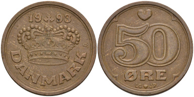 Дания 50 эре 1993 Маргрете II (1972- ) KM 866.2 бронза 4606-714
