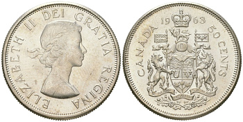 Канада 50 центов 1963 Елизавета II (1952-2022) KM 56 серебро UNC 68-845