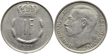 ЛЮКСЕМБУРГ 1 ФРАНК 1981 ВЕЛИКИЙ ГЕРЦОГ ЖАН KM 55 медно-никель 4397-451