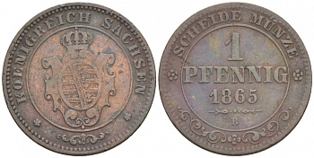 САКСОНИЯ 1 ПФЕННИГ 1865 ИОГАНН (1854-1873) KM 1216 медь 73-614