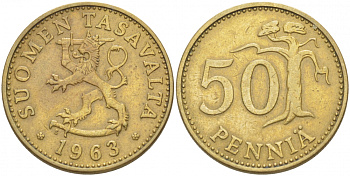 ФИНЛЯНДИЯ 50 ПЕННИ 1963 S ПЕРВЫЙ ГОД KM 48 алюминиевая бронза 3457-845