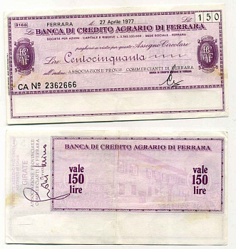 Италия 100 лир 1977 27 апреля 1977 Banca credito agrario Di ferrara бумага 8588-21-3-1