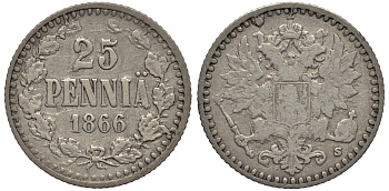 Россия для Финляндии 25 пенни 1866 S, Александр II KM 6.1, Биткин 642 серебро    443-735