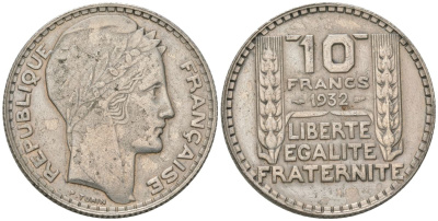 Франция 10 франков 1932 Пьер Тюрен KM 878, Le Franc 360.5 серебро 4390-323