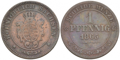 САКСОНИЯ 1 ПФЕННИГ 1865 ИОГАНН (1854-1873) KM 1216 медь 73-614