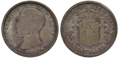 Испания 1 песета 1904 (04) SM-V, АЛЬФОНСО XIII (1886-1931) KM 721 серебро 4566-637
