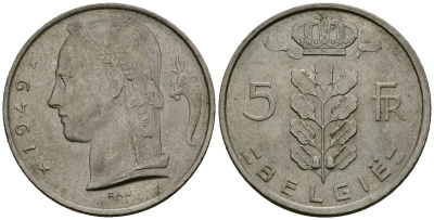 Бельгия 5 франков 1949 BELGIE KM 135 медно-никель 4172-554