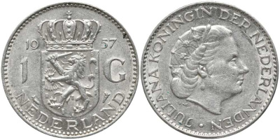 Нидерланды 1 гульден 1957 Юлиана (1948-1980) KM 184 серебро 202-555