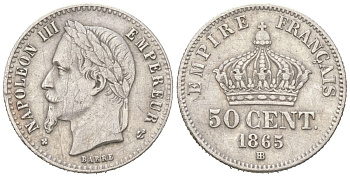 Франция 50 сантимов 1865 BB, Наполеон III (1852-1870) KM 814.2 серебро 4617-746