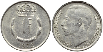 ЛЮКСЕМБУРГ 1 ФРАНК 1972 ВЕЛИКИЙ ГЕРЦОГ ЖАН KM 55 медно-никель 4397-446