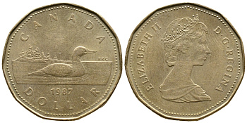 КАНАДА 1 ДОЛЛАР 1987 УТКА, ПЕРВЫЙ ГОД KM 157 никель плакированный позолоченной бронзой 3334-411
