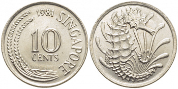 СИНГАПУР 10 ЦЕНТОВ 1981 МОРСКОЙ КОНЕК KM 3 алюминиевая бронза 105-1269