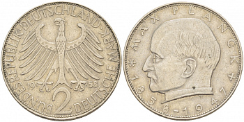 ФРГ 2 марки 1958 J, Макс Планк KM 116, J. 392 медно-никель плакированный никелем 3718-1035