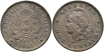 Аргентина 2 сентаво 1885 голова свободы влево KM 8 бронза 4531-533