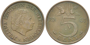 НИДЕРЛАНДЫ 5 ЦЕНТОВ 1961 ЮЛИАНА (1948-1980) KM 181 бронза 213-1035