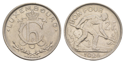 Люксембург 2 франка 1924 Шарлотта (1918-1964), год-тип KM 36 никель 4657-1146