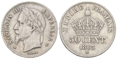 Франция 50 сантимов 1865 BB, Наполеон III (1852-1870) KM 814.2 серебро 4617-746